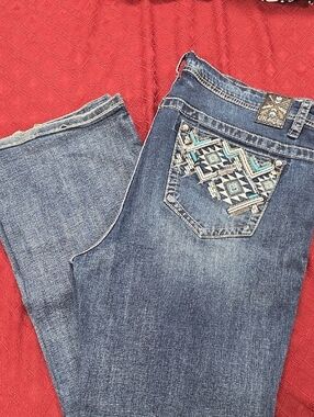 Grace in LA Blue Denim Bootcut Jeans with Aztec Embroidery